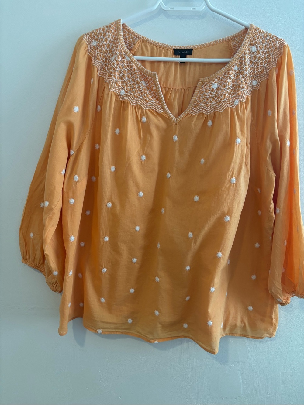 Talbots Orange Polka-Embroidered Smock Cotton Peasant Blouse